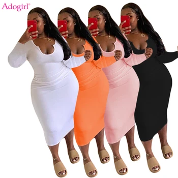 Adogirl Plus Size S-4XL Nők Szilárd Őszi Midi Ruha Divat Szexi U Nyakú Hosszú Ujjú Bodycon Alkalmi Vestidos Női Ruhák