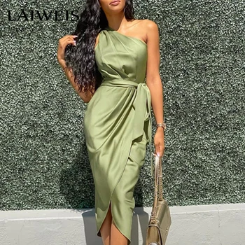 LAIWEIS Luxus Designer 2021 Új Ruha Nyári Ferde Vállát, a Nők Szabálytalan Pántok Női Ruha Divat Trend