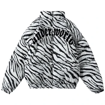 Téli Zubbonyok Kabát Férfi Nő Zebra Csíkos Hip-Hop, Street Sűrűsödik Kabát Női Stand Gallér Levelet Embroid Alkalmi Széldzseki