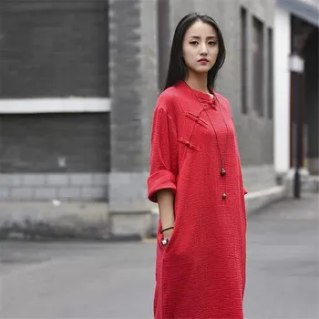 2022 Kínai laza alkalmi Qipao ruha,Tavaszi Autunm pamut ágynemű, hosszú ruha,márka kényelmes vintage ruha M-2XL