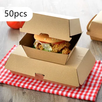 50pcs Hamburger csomagolás doboz kraft papír tiszta szín sütés finom kenyér, papír doboz piknik party étel eldobható csomag