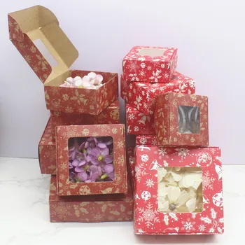 Ablak Édesség Ajándék Vörös Hó Nyomtatási doboz, 10db Ajándék doboz ablak Fehér /Kraft Boldog Karácsonyt stílus Csomag Ékszerek Csomagolás Doboz