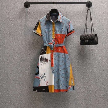 Alkalmi Elegáns Egy-line Vestidos nyomtatás, Magas Derék Divat koreai Vintage Ruhák Rövid Ujjú Nyári Ruha Női ruha elegáns nagy