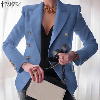 Divat Női Farmer Kék Blézer ZANZEA 2021 Tavaszi Őszi Office Lady Hosszú Ujjú Kabátot Túlméretezett Alkalmi Szilárd Laza Outwears