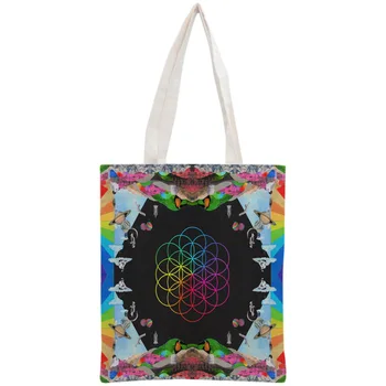 Egyéni Coldplay Táska Újrafelhasználható Táska Női Váll Összecsukható Vászon Bevásárló Táskák