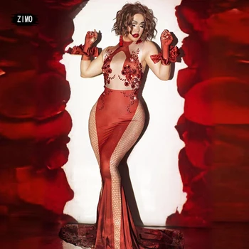 elegáns, piros strassz nyomtatás Sellő ruha szexi parti, születésnapi, esküvői bál királynő jelmez előadás híresség designer