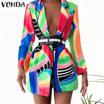 Irodai Női Blézer Női Kosztüm Blézer 2021 VONDA Női Vintage Printed Hosszú Ujjú Kabátot Veste Femme Túlméretezett Felsőkabát