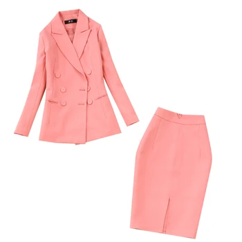 Állítsa be a női tavaszi új divat, hosszú ujjú kétsoros rózsaszín OL temperamentum szakmai öltöny + táska hip osztott szoknya, két darab
