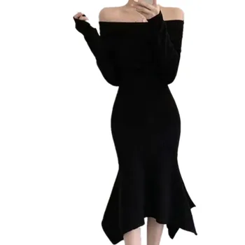 Új érkezés klasszikus francia stílus pulóver memraid ruha nők slash nyak vékony csomag hip-trombita, kötött ruha