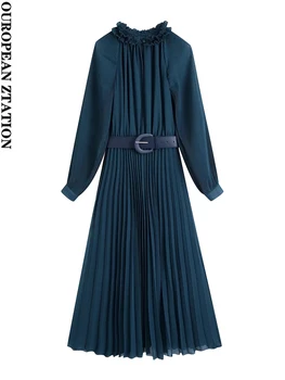 A nők 2021 za divat a biztonsági öv rakott midi ruha vintage hosszú ujjú fodros gallér női ruhák vestidos