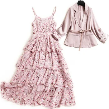 Női pink blézer öltöny irodai 2 darab ruhák virágmintás spagetti pánt hosszú szatén fodros ruha 2021 tavaszi-nyári