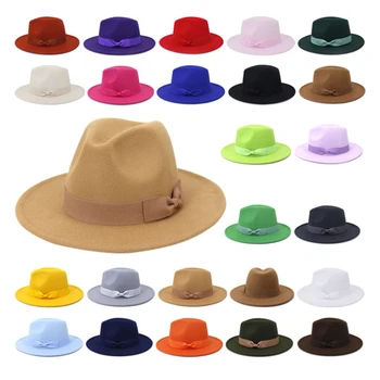 Íj fedora kalap férfiak, mind a nők nagy karimájú jazz kalap őszi-téli egyszínű gyapjú kalap egyház Panama kalap esküvői kalap
