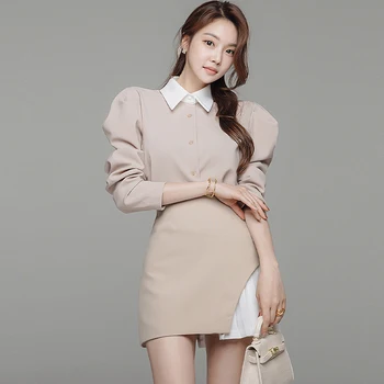 új érkezés fashion set nők koreai szakmai OL vintage puff ujjú ing, magas derék aszimmetrikus szoknya, két darabos készlet